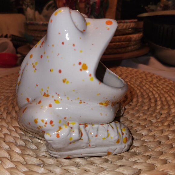 Vintage Ceramic Frog Planter Sponge Holder With Speckled Orange & Yellow Design - Picture 7 of 7